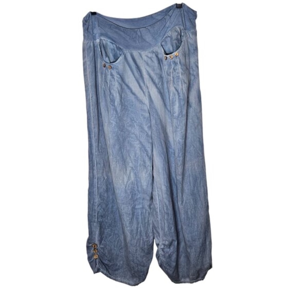 Apu Womens Light Blue Wide-Leg Pants M Cotton Linen India Casual Boho